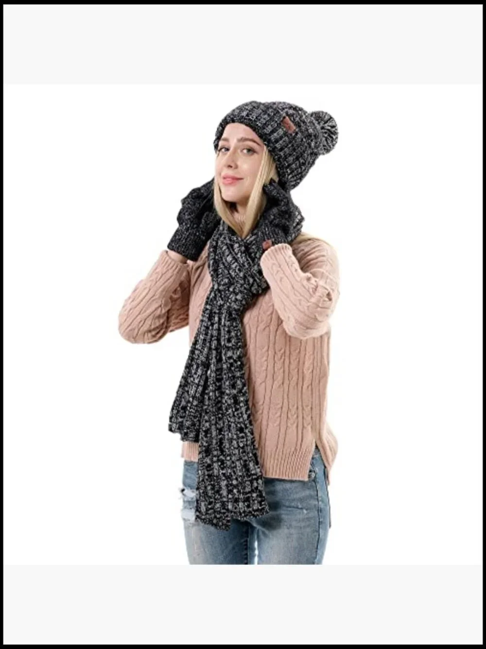 Winter Knitted Beanie Hat Long Scarf Touch Screen Gloves Set for Women